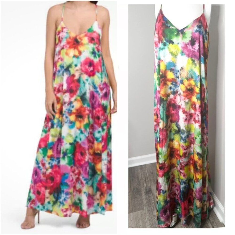 NICOLE MILLER WATERCOLOR SATIN MAXI DRESS-PRELOVED-XL